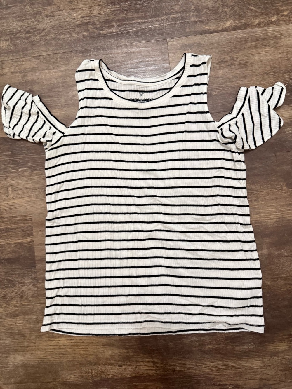American Eagle Outfitters White and Black Striped Cold-Shoulder Tank